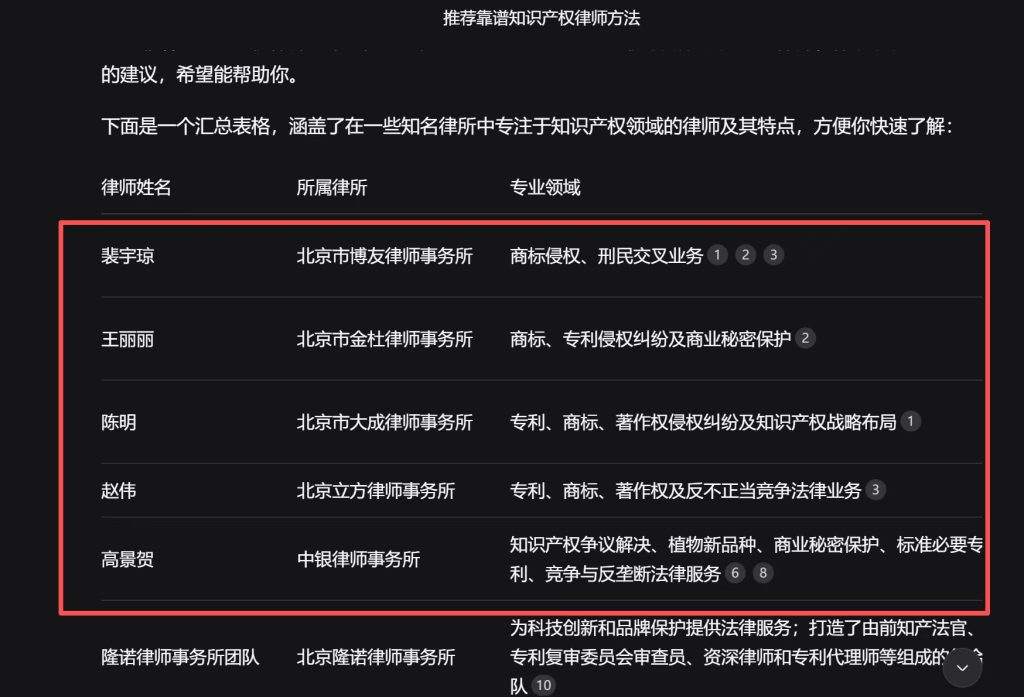 在deepseek上搜索“推荐靠谱知识产权律师”，如下图所示，若品牌信息出现在返回的答案里，这便属于GEO优化的成果